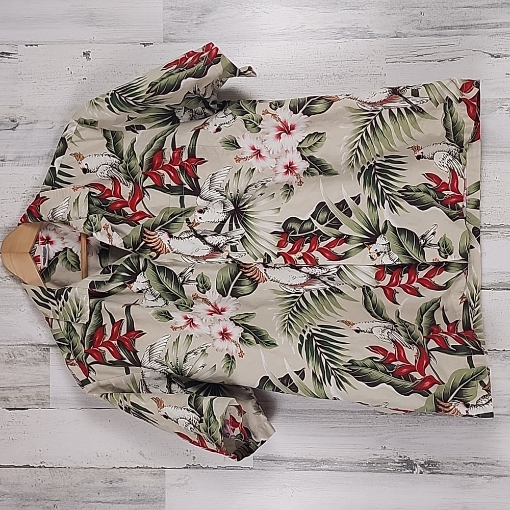Authentic Hawaiian shirt 100% cotton khaki red green cockatoos parrot Size Large